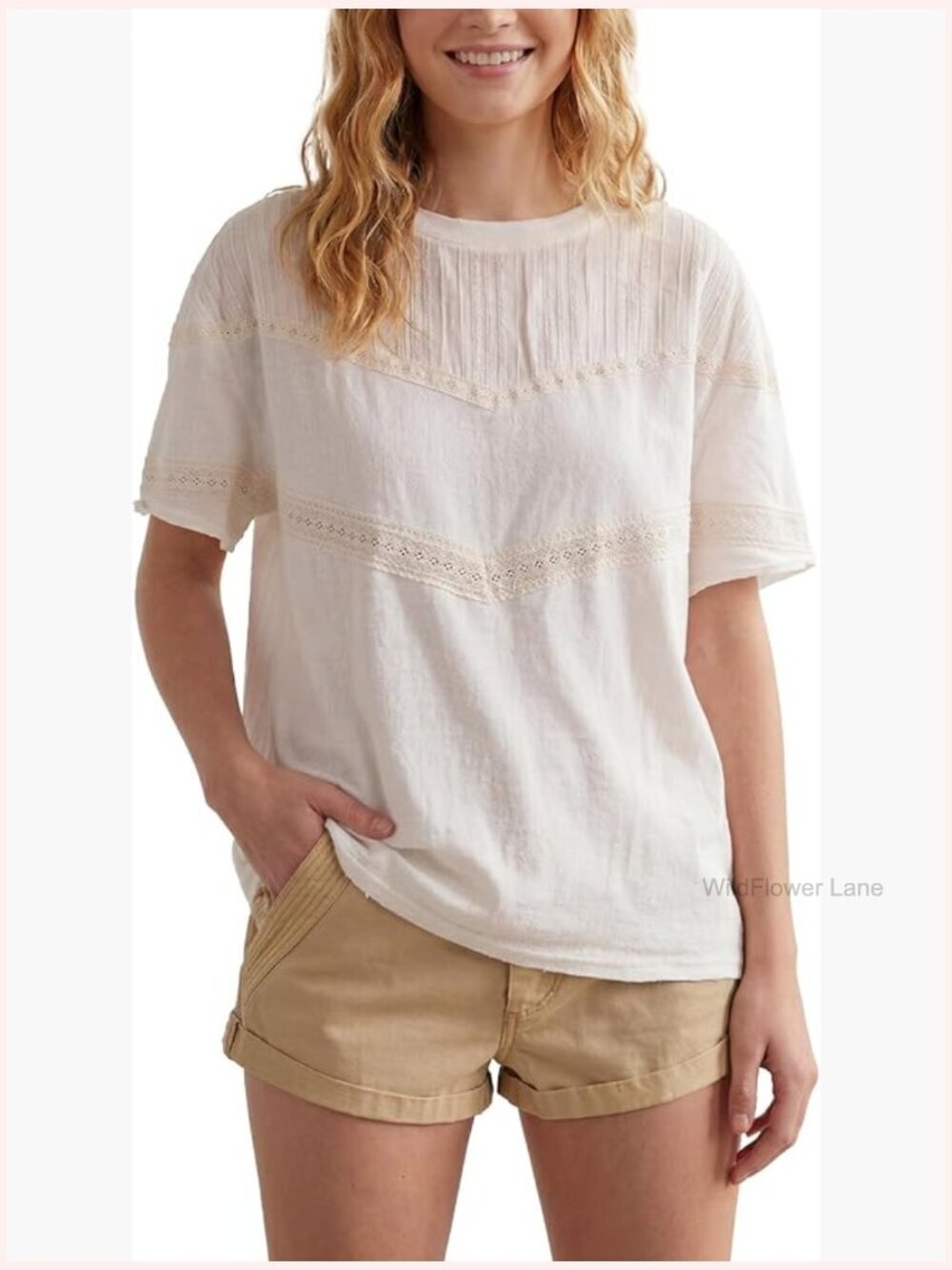 Boho Oversized Lace Cotton Top Crew Neck Short Sleeve Y2k Blouse